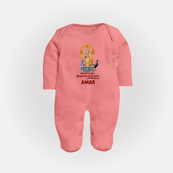 Thiruchendur Murugan Blessings – Name Personalised Kids Fullbody Suit - PEACH - New Born (Chest 7.5")