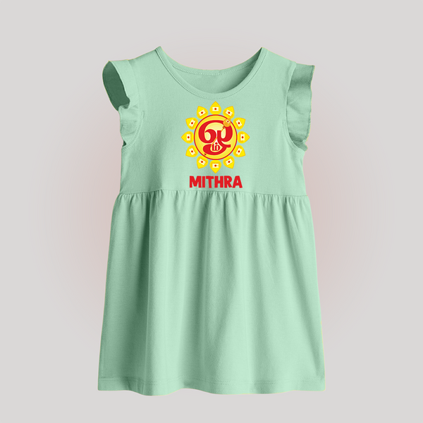 Om Murugan Vel Symbol – Name Personalised Kids Baby Frock - MINT GREEN - 0 - 3 Months Old (Chest 17")