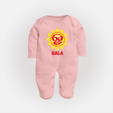 Om Murugan Vel Symbol – Name Personalised Kids Fullbody Suit - BABY PINK - New Born (Chest 7.5")