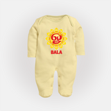 Om Murugan Vel Symbol – Name Personalised Kids Fullbody Suit - PASTEL YELLOW - New Born (Chest 7.5")