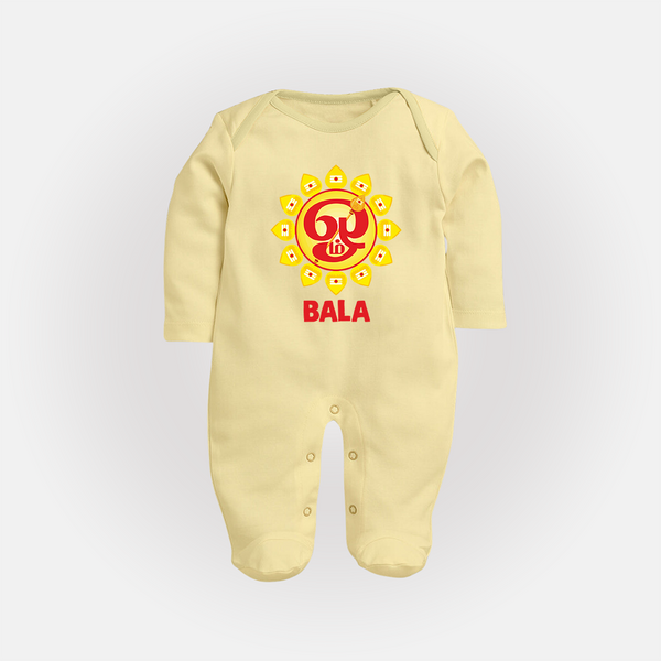 Om Murugan Vel Symbol – Name Personalised Kids Fullbody Suit - PASTEL YELLOW - New Born (Chest 7.5")