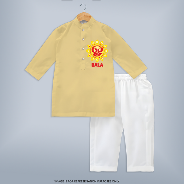 Om Murugan Vel Symbol – Name Personalised Kids Kurta - PASTEL YELLOW - 3 - 6 Months Old (Chest 24", Kurta Length 14'', Waist 19", Pant Length 14")