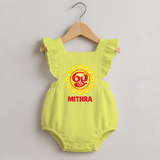 Om Murugan Vel Symbol – Name Personalised Kids Romper Frock - PASTEL YELLOW - 0 - 3 Months Old (Chest 19")