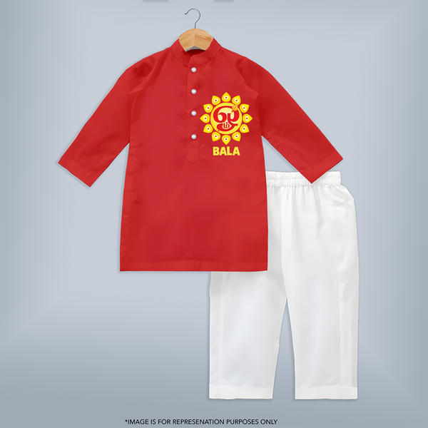 Om Murugan Vel Symbol – Name Personalised Kids Kurta - RED - 3 - 6 Months Old (Chest 24", Kurta Length 14'', Waist 19", Pant Length 14")