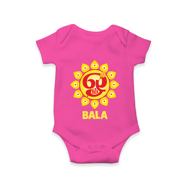 Om Murugan Vel Symbol – Name Personalised Kids Romper - HOT PINK - New Born (Chest 14")