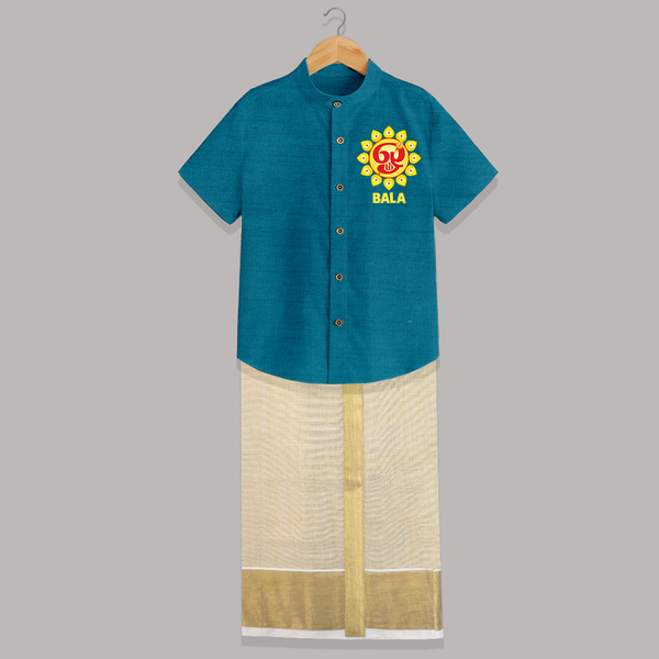 Om Murugan Vel Symbol – Name Personalised Kids Shirt and Dhoti - PEACOCK BLUE - 0 - 6 Months Old (Chest-23") (Dhoti length-14")