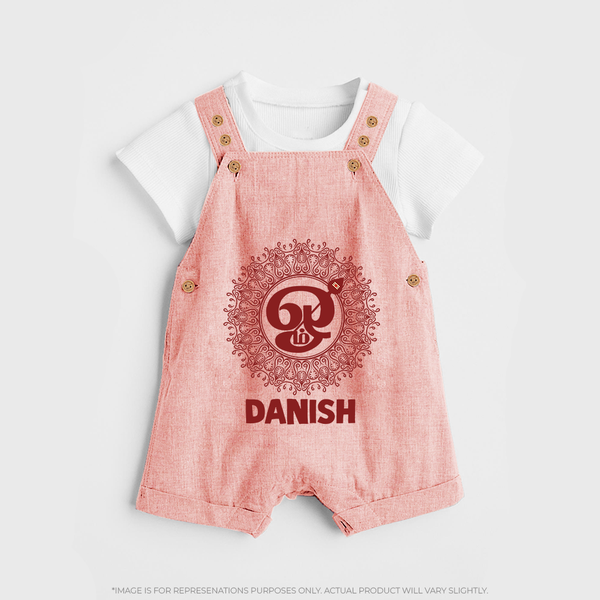 Om Murugan Traditional Mandala – Name Personalised Kids Dungaree - PEACH - 0 - 5 Months Old (Chest 18")