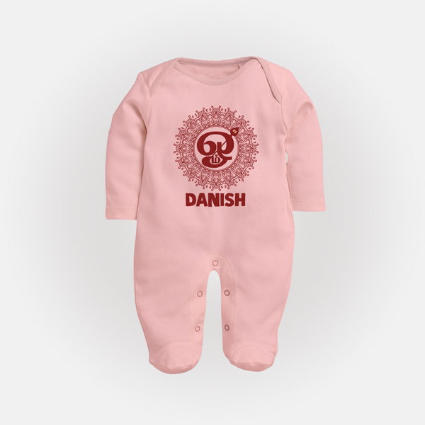Om Murugan Traditional Mandala – Name Personalised Kids Fullbody Suit - BABY PINK - New Born (Chest 7.5")