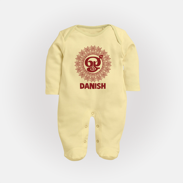 Om Murugan Traditional Mandala – Name Personalised Kids Fullbody Suit - PASTEL YELLOW - New Born (Chest 7.5")
