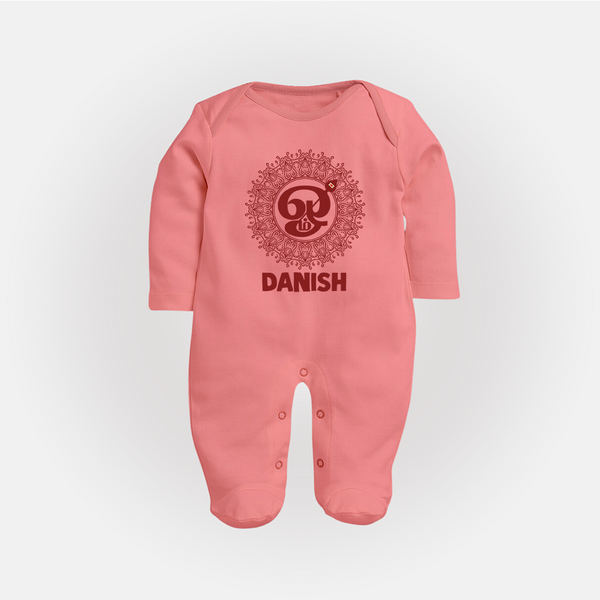 Om Murugan Traditional Mandala – Name Personalised Kids Fullbody Suit - PEACH - New Born (Chest 7.5")