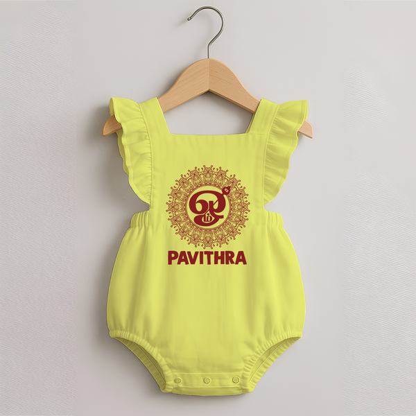 Om Murugan Traditional Mandala – Name Personalised Kids Romper Frock - PASTEL YELLOW - 0 - 3 Months Old (Chest 19")