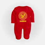 Om Murugan Traditional Mandala – Name Personalised Kids Fullbody Suit - RED - New Born (Chest 7.5")