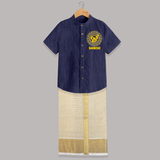 Om Murugan Traditional Mandala – Name Personalised Kids Shirt and Dhoti - DARK BLUE - 0 - 6 Months Old (Chest-23") (Dhoti length-14")
