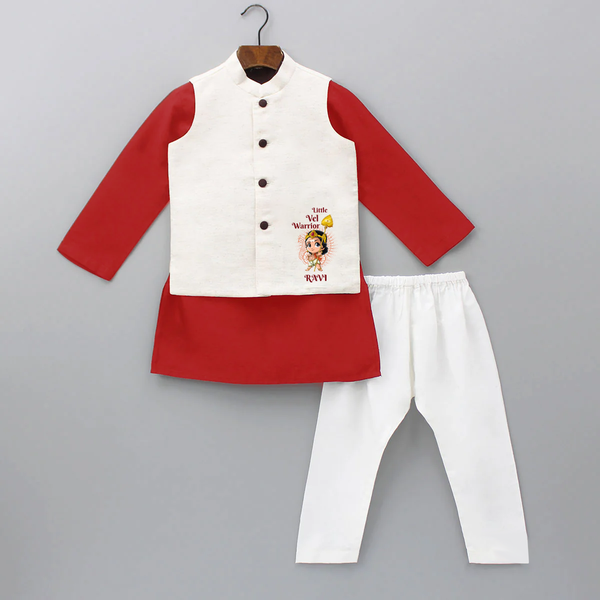 Little Vel Warrior - Customized Kurta Waist Coat For Kids With Name - RED - 3 - 6 Months Old (Chest 24", Kurta Length 14'', Waist 19", Pant Length 14")