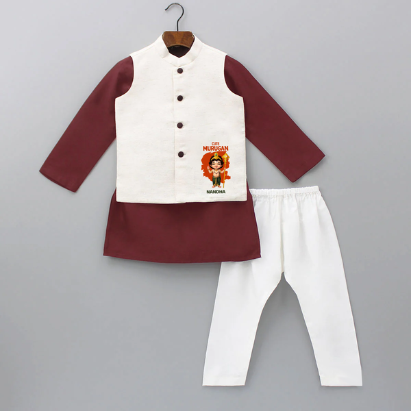 Cute Murugan - Customized Kurta Waist Coat For Kids With Name - MAROON - 3 - 6 Months Old (Chest 24", Kurta Length 14'', Waist 19", Pant Length 14")