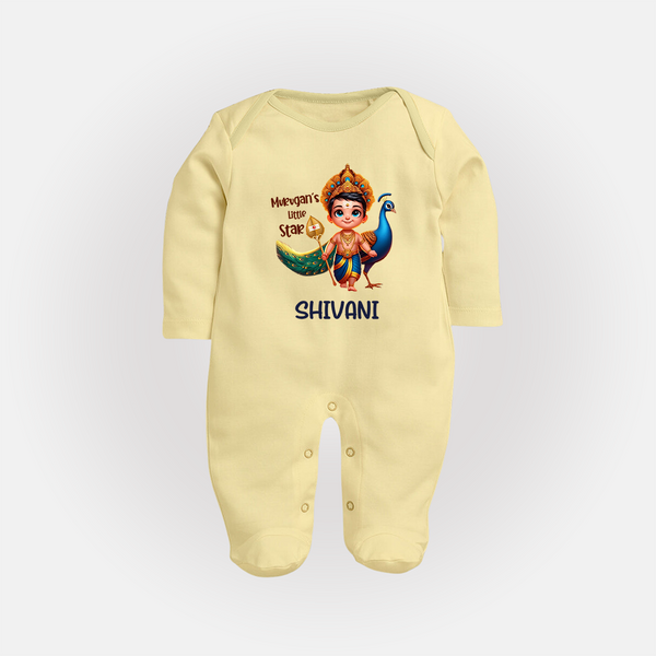 Murugan's Little Star Sleep Suit | Personalized Baby Sleep Suit for Murugan Devotees - PASTEL YELLOW - New Born (Chest 7.5")