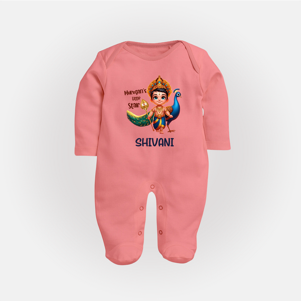 Murugan's Little Star Sleep Suit | Personalized Baby Sleep Suit for Murugan Devotees - PEACH - New Born (Chest 7.5")