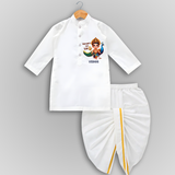 Murugan's Little Star - Customized Drapped Dhoti For Kids With Name - WHITE - 0 - 6 Month Old (Chest 24", Kurta Length 14" , Waist 19", Dhoti Length 14")