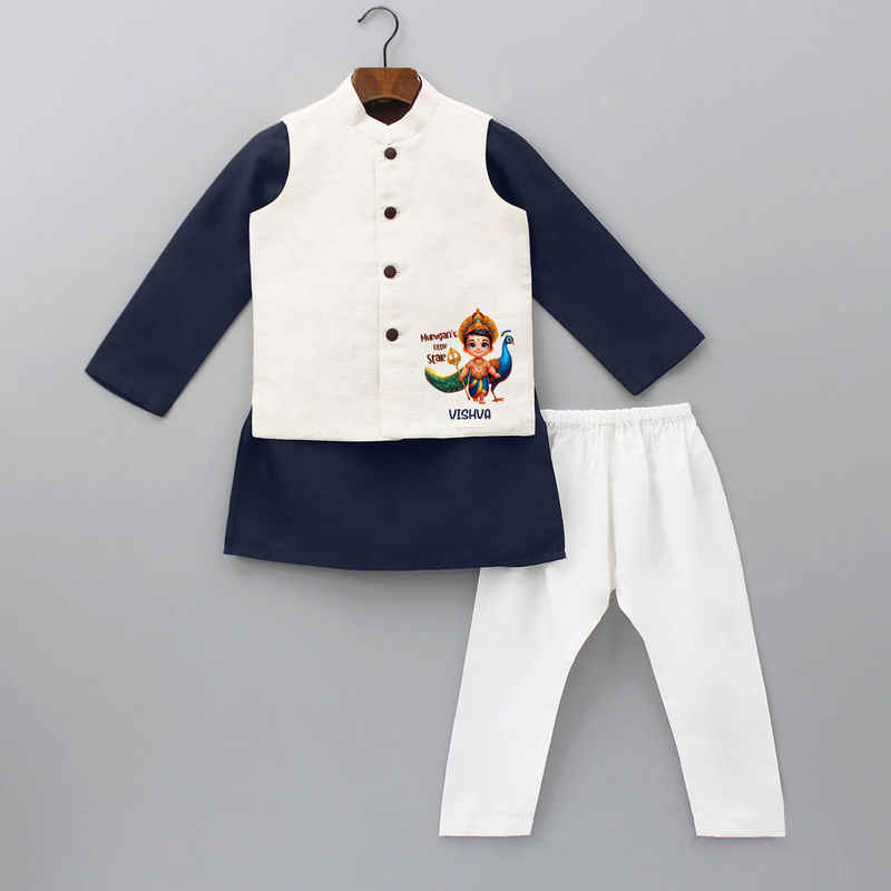 Murugan's Little Star - Customized Kurta Waist Coat For Kids With Name - NAVY BLUE - 3 - 6 Months Old (Chest 24", Kurta Length 14'', Waist 19", Pant Length 14")