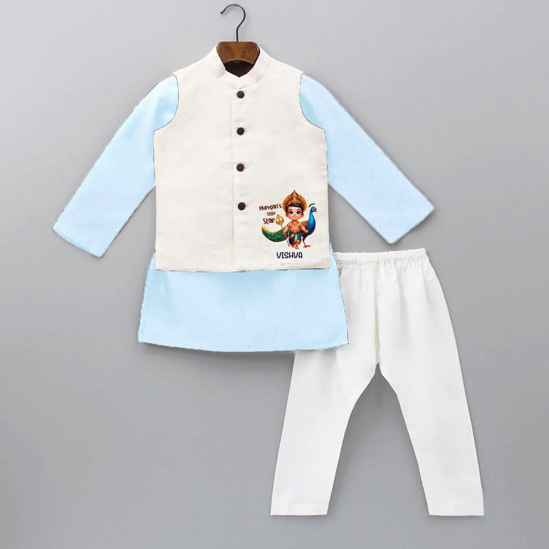 Murugan's Little Star - Customized Kurta Waist Coat For Kids With Name - SKY BLUE - 3 - 6 Months Old (Chest 24", Kurta Length 14'', Waist 19", Pant Length 14")