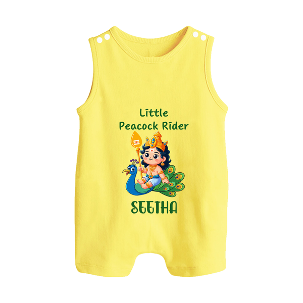 Little Peacock Rider Romper Suit | Custom Baby Romper Suit for Murugan's Divine Ride - PASTEL YELLOW - 0 - 5 Months Old (Chest 18")