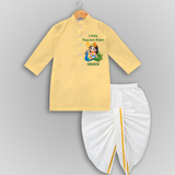 Liittle Peacock Rider - Customized Drapped Dhoti For Kids With Name - YELLOW - 0 - 6 Month Old (Chest 24", Kurta Length 14" , Waist 19", Dhoti Length 14")