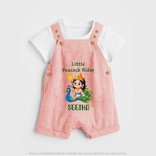Little Peacock Rider Dungaree Set | Custom Baby Dungaree Set for Murugan's Divine Ride - PEACH - 0 - 5 Months Old (Chest 18")