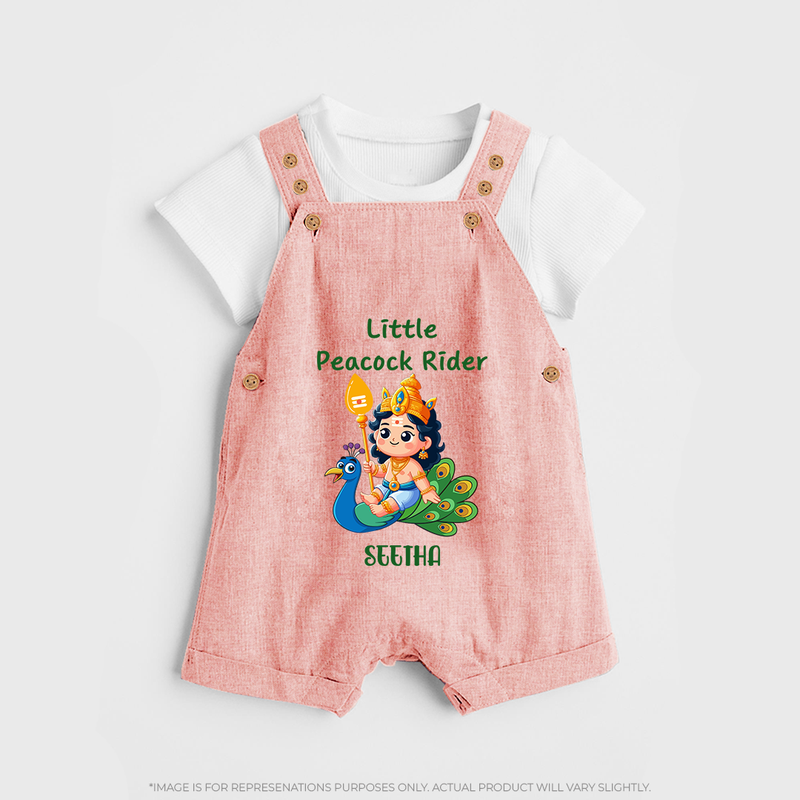 Liittle Peacock Rider - Customized Dungaree Set For Kids With Name - PEACH - 0 - 5 Months Old (Chest 18")