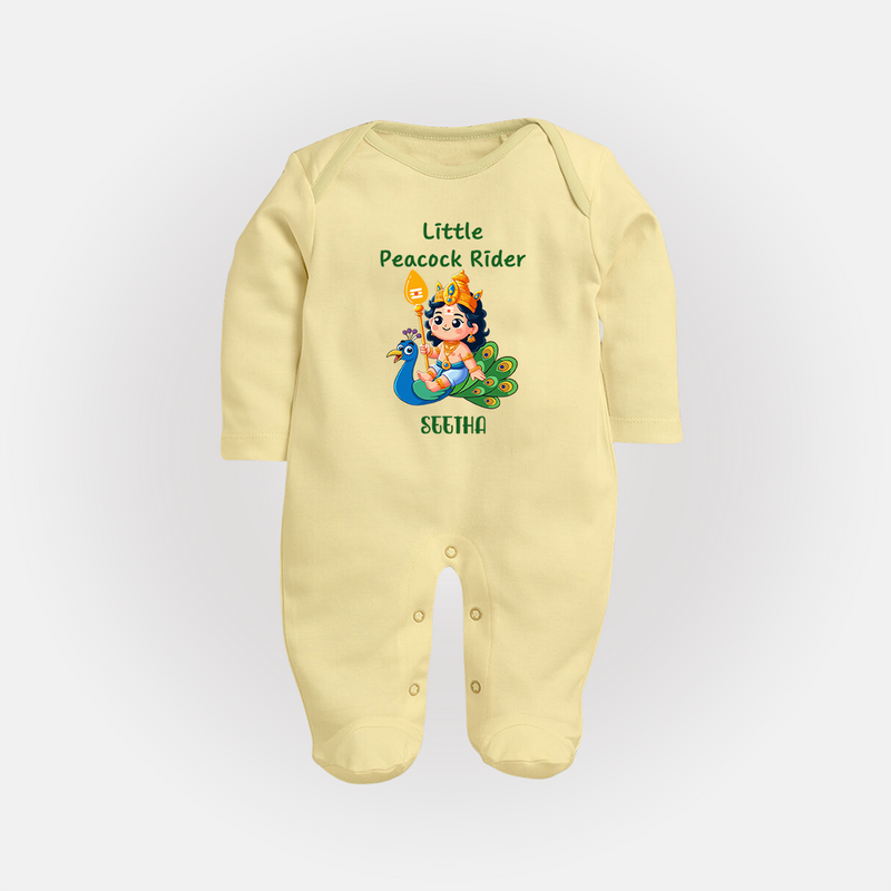 Liittle Peacock Rider - Customized Sleep Suit For Babies With Name - PASTEL YELLOW - New Born (Chest 7.5")