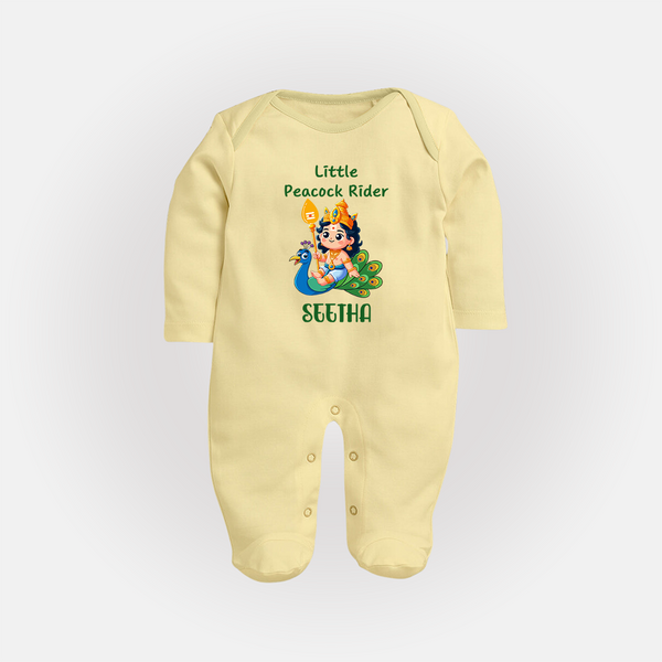 Little Peacock Rider Sleep Suit | Custom Baby Sleep Suit for Murugan's Divine Ride - PASTEL YELLOW - New Born (Chest 7.5")