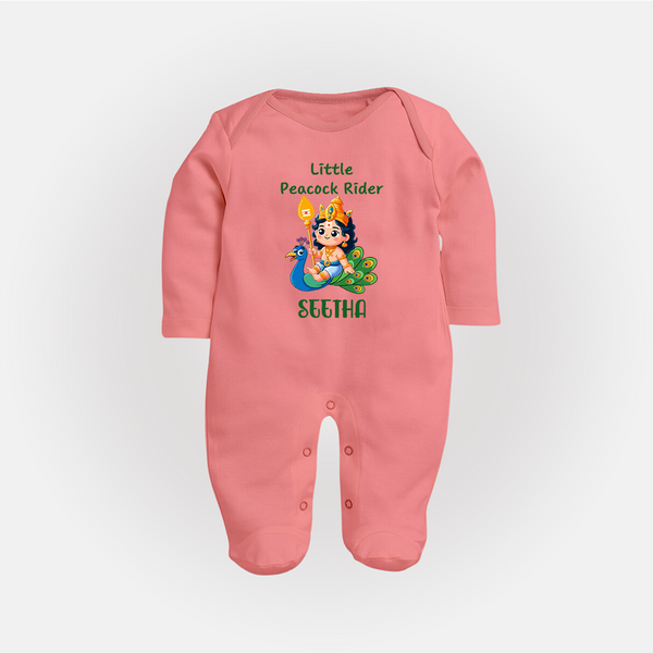 Little Peacock Rider Sleep Suit | Custom Baby Sleep Suit for Murugan's Divine Ride - PEACH - New Born (Chest 7.5")