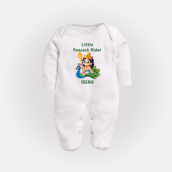 Liittle Peacock Rider - Customized Sleep Suit For Babies With Name - WHITE - New Born (Chest 7.5")