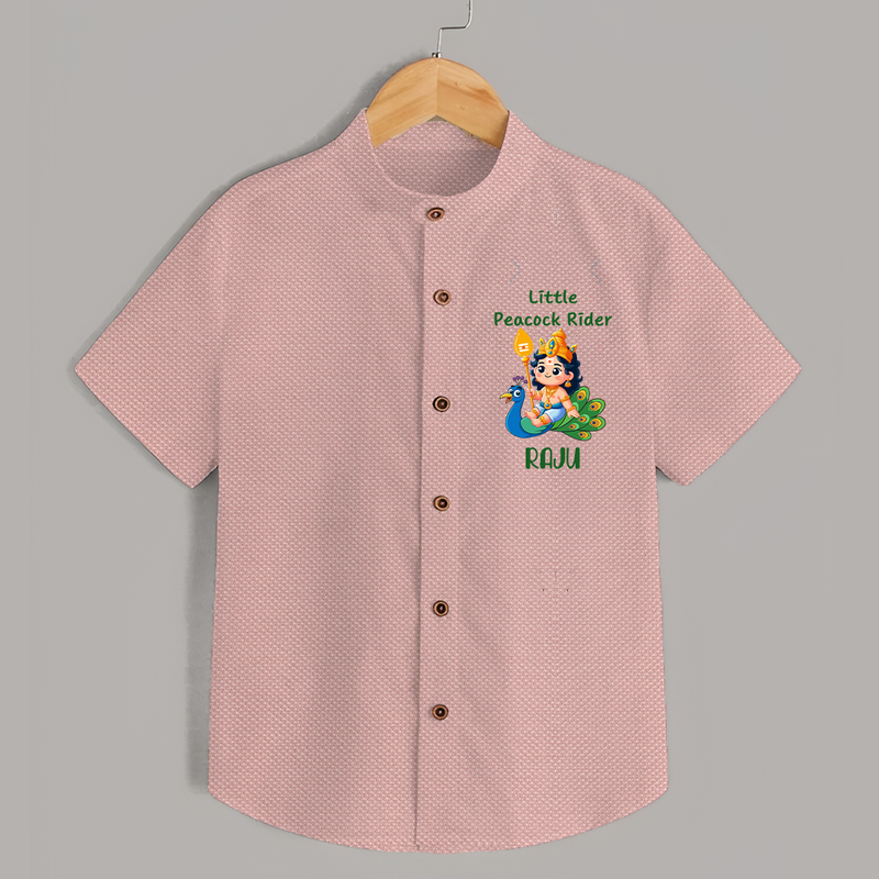 Little Peacock Rider Shirt | Custom Baby Shirt for Murugan's Divine Ride - PEACH - 0 - 6 Months Old (Chest 23")