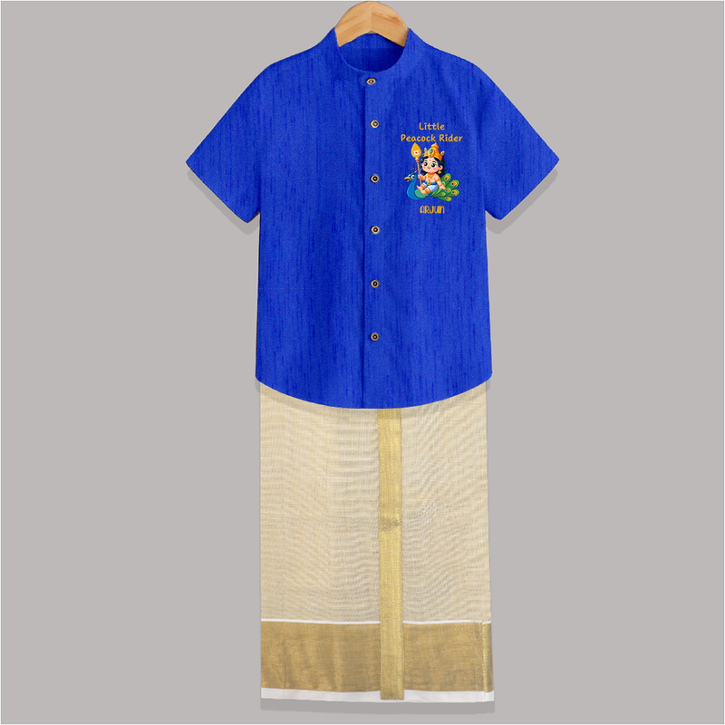 Liittle Peacock Rider - Customized Shirt And Dhoti For Kids With Name - ROYAL BLUE - 0 - 6 Months Old (Chest-23") (Dhoti length-14")