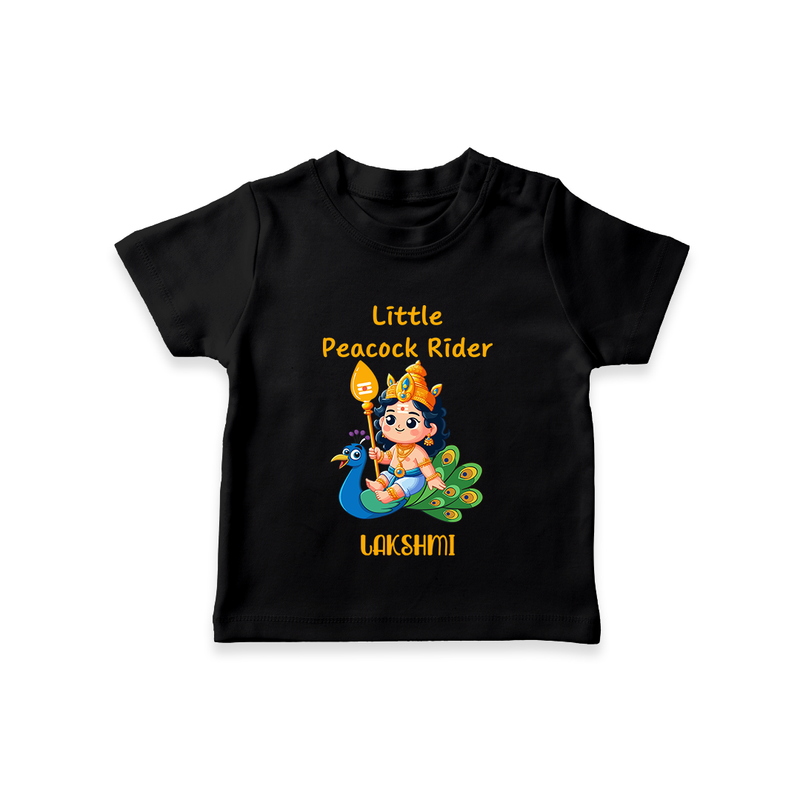 Liittle Peacock Rider - Customized T-Shirt For Kids With Name - BLACK - 0-5 Months Old (Chest 17")