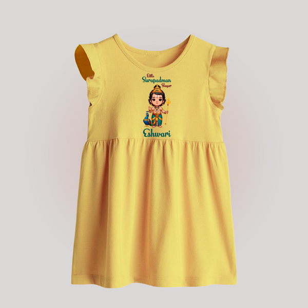 Little Surapadman Slayer Baby Frock | Personalized Baby Frock for Murugan's Heroic Deeds - PASTEL YELLOW - 0 - 3 Months Old (Chest 17")