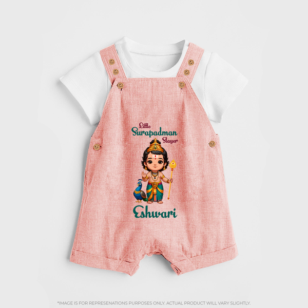 Little Surapadman Slayer Dungaree Set | Personalized Baby Dungaree Set for Murugan's Heroic Deeds - PEACH - 0 - 5 Months Old (Chest 18")