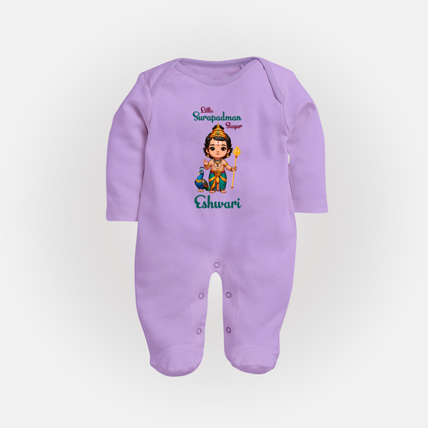 Little Surapadman Slayer Sleep Suit | Personalized Baby Sleep Suit for Murugan's Heroic Deeds - LILAC - New Born (Chest 7.5")