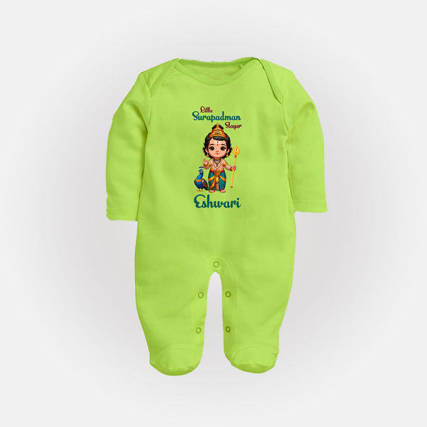 Little Surapadman Slayer Sleep Suit | Personalized Baby Sleep Suit for Murugan's Heroic Deeds - LIME GREEN - New Born (Chest 7.5")