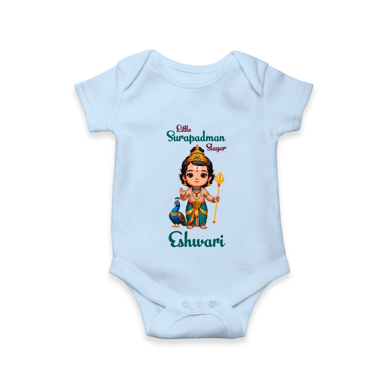 Little Surapadman Slayer Romper / Onesie | Personalized Baby Romper / Onesie for Murugan's Heroic Deeds - BABY BLUE - New Born (Chest 14")