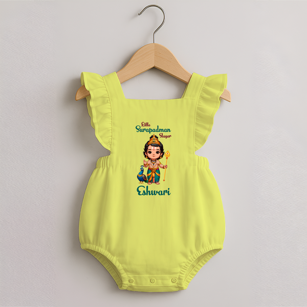 Little Surapadman Slayer Romper Frock | Personalized Baby Romper Frock for Murugan's Heroic Deeds - PASTEL YELLOW - 0 - 3 Months Old (Chest 19")