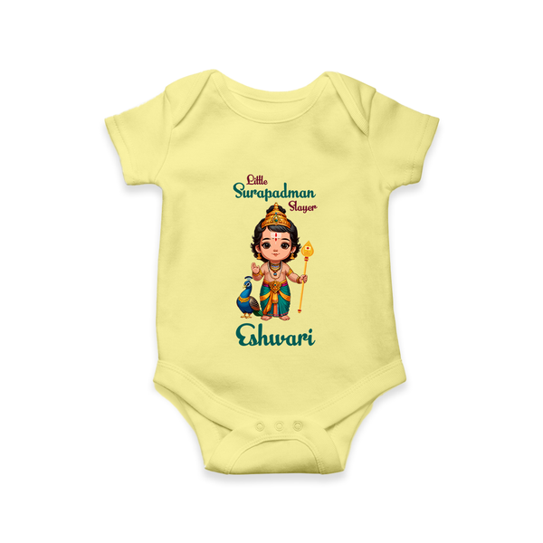 Little Surapadman Slayer Romper / Onesie | Personalized Baby Romper / Onesie for Murugan's Heroic Deeds - PASTEL YELLOW - New Born (Chest 14")