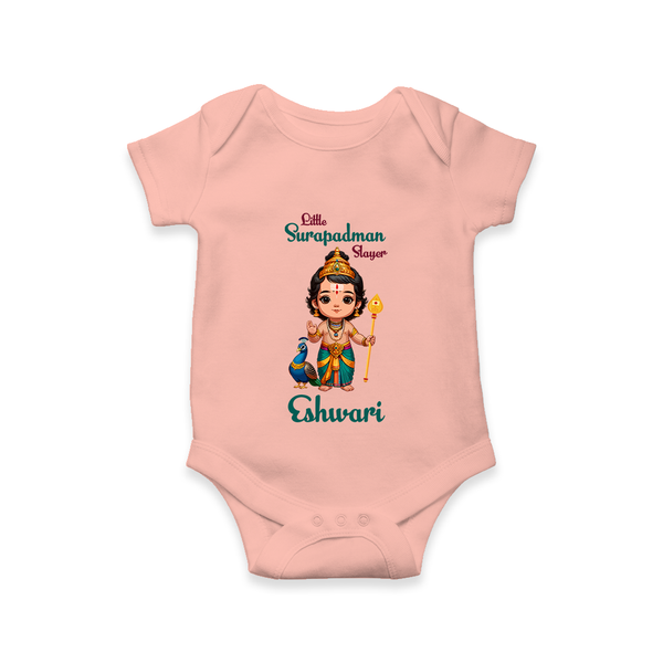 Little Surapadman Slayer Romper / Onesie | Personalized Baby Romper / Onesie for Murugan's Heroic Deeds - PEACH - New Born (Chest 14")