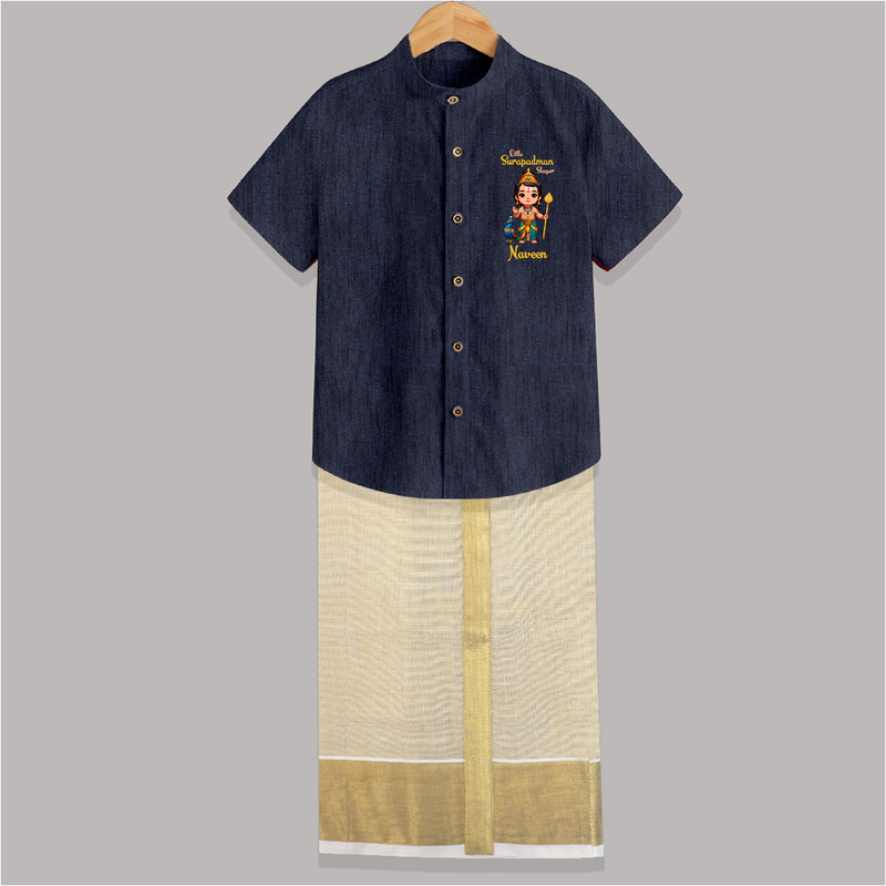 Little Surapadman Slayer - Customized Shirt And Dhoti For Kids With Name - DARK BLUE - 0 - 6 Months Old (Chest-23") (Dhoti length-14")