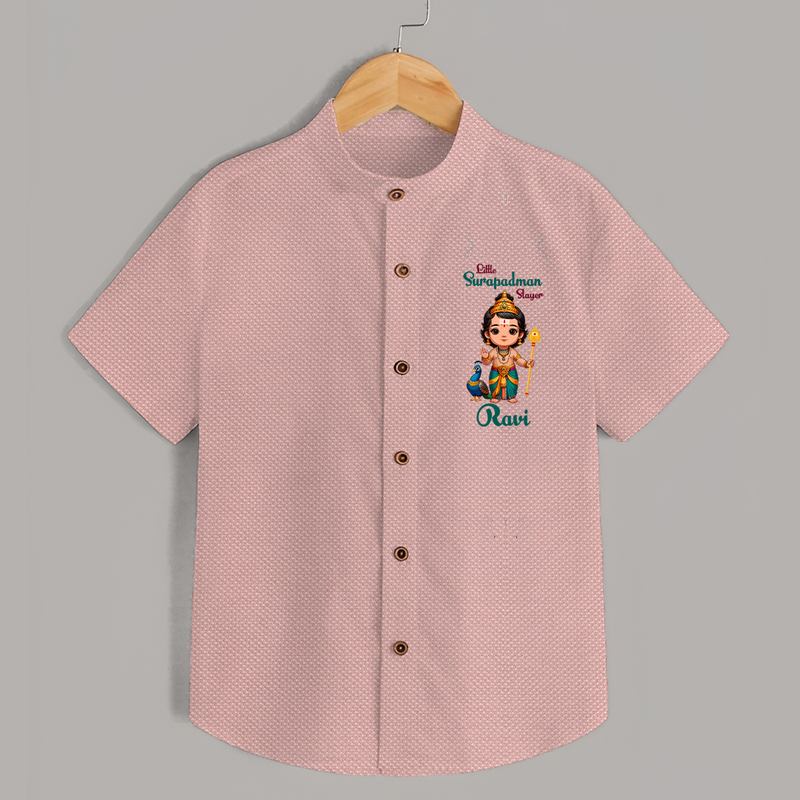 Little Surapadman Slayer Shirt | Personalized Baby Shirt for Murugan's Heroic Deeds - PEACH - 0 - 6 Months Old (Chest 23")