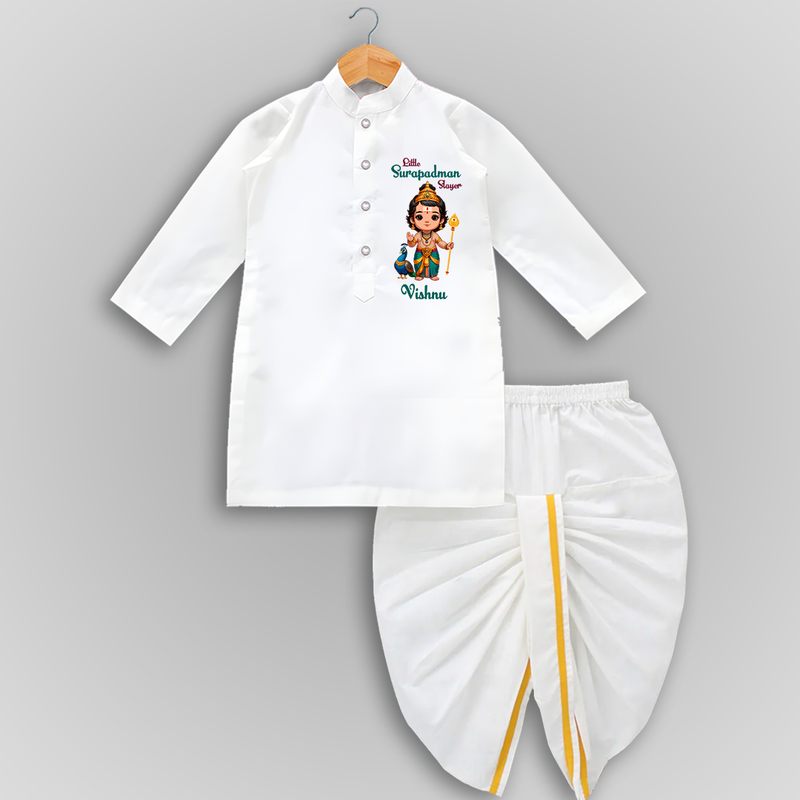 Little Surapadman Slayer - Customized Drapped Dhoti For Kids With Name - WHITE - 0 - 6 Month Old (Chest 24", Kurta Length 14" , Waist 19", Dhoti Length 14")