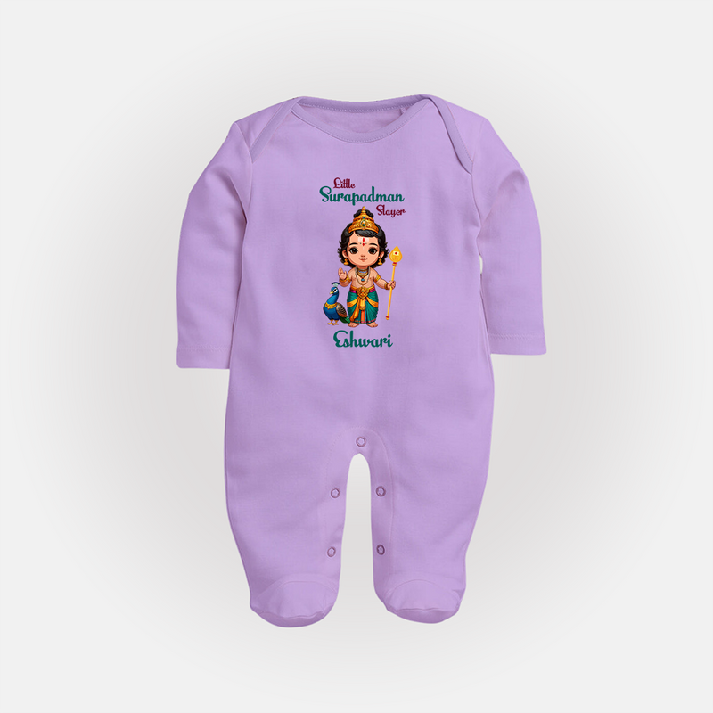 Little Surapadman Slayer - Customized Sleep Suit For Babies With Name - LILAC - New Born (Chest 7.5")