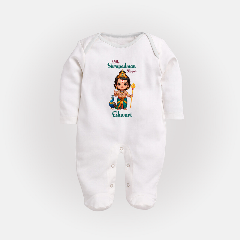 Little Surapadman Slayer - Customized Sleep Suit For Babies With Name - WHITE - New Born (Chest 7.5")