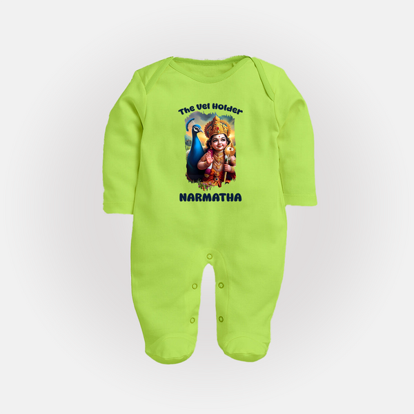 The Vel Holder Sleep Suit | Custom Baby Sleep Suit for Murugan's Sacred Vel - LIME GREEN - New Born (Chest 7.5")