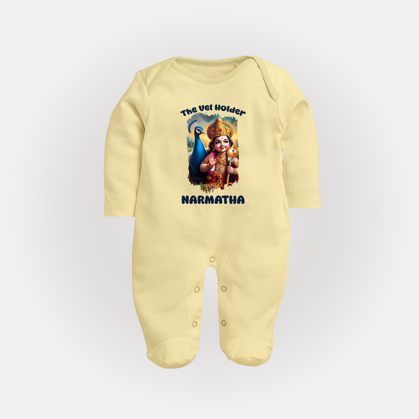 The Vel Holder Sleep Suit | Custom Baby Sleep Suit for Murugan's Sacred Vel - PASTEL YELLOW - New Born (Chest 7.5")
